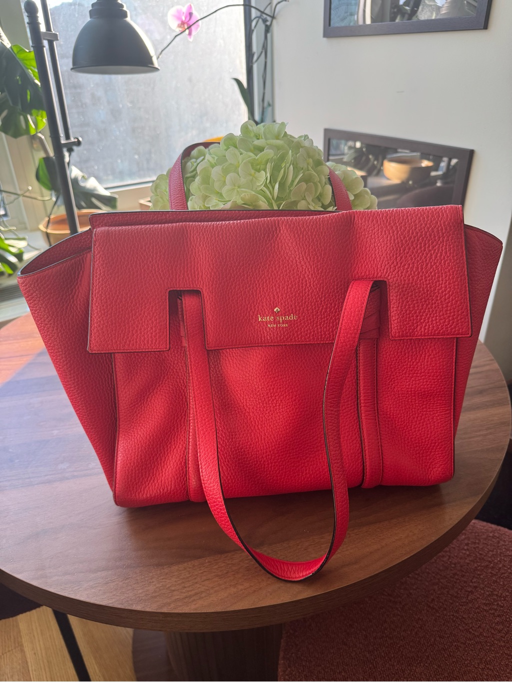 Kate Spade Red Pebbled Leather Tote With Top Flap